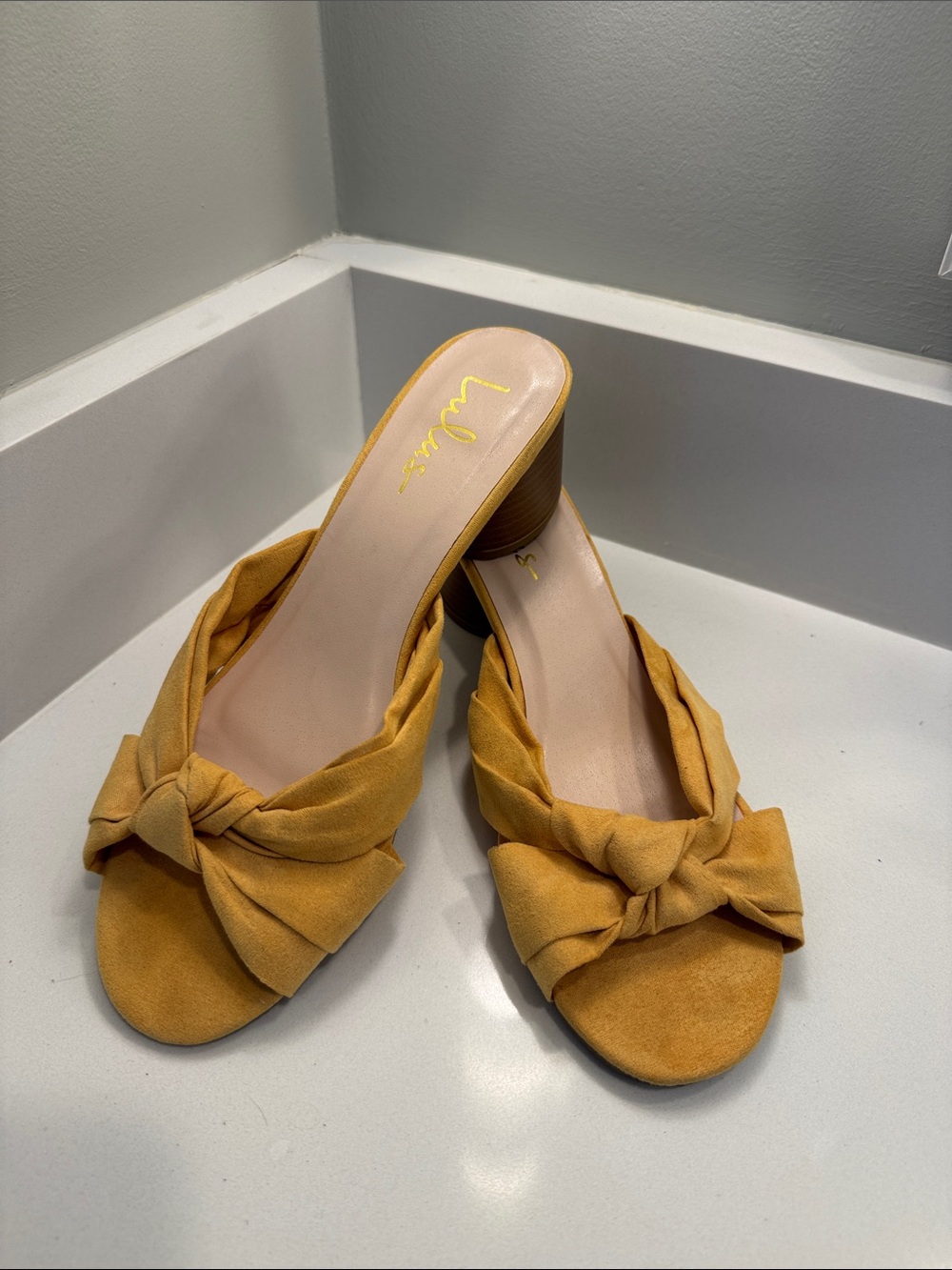 Lulu's Mustard Knot Front Block Heel Mules